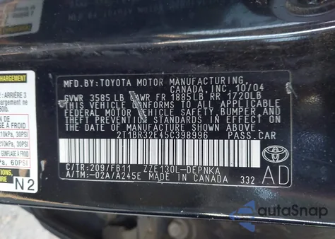 2005 Toyota Corolla Le z USA, uszkodzony, nr VIN 2T1BR32E45C398996